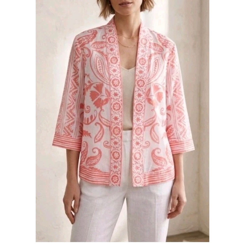 Chicos Coral Pink White Paisley Silk Cotton Open Front Topper Jacket Size 2 L